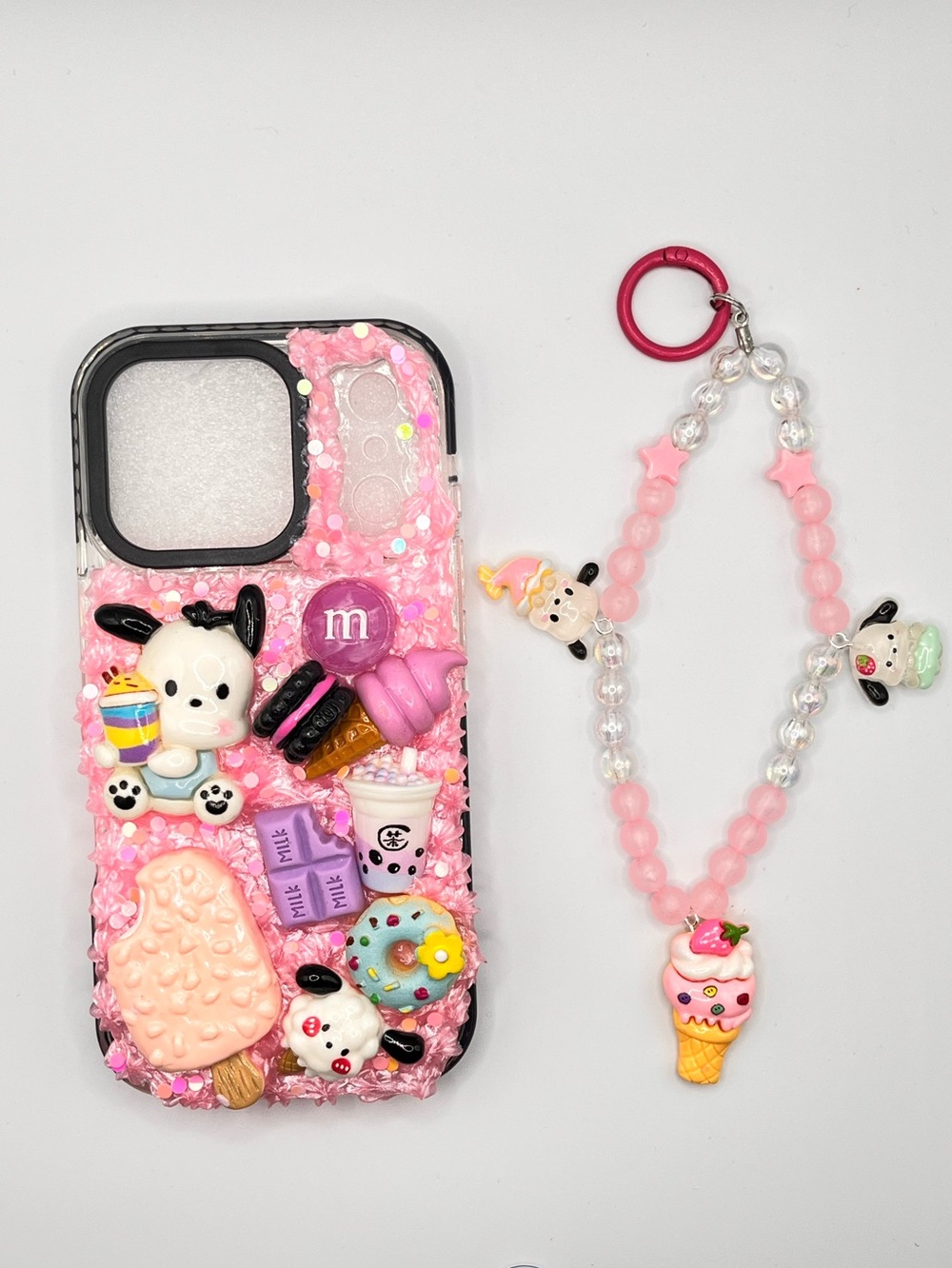 Pink Cute Pochacco  & Sweets pochacco Phone Case with Beaded Strap